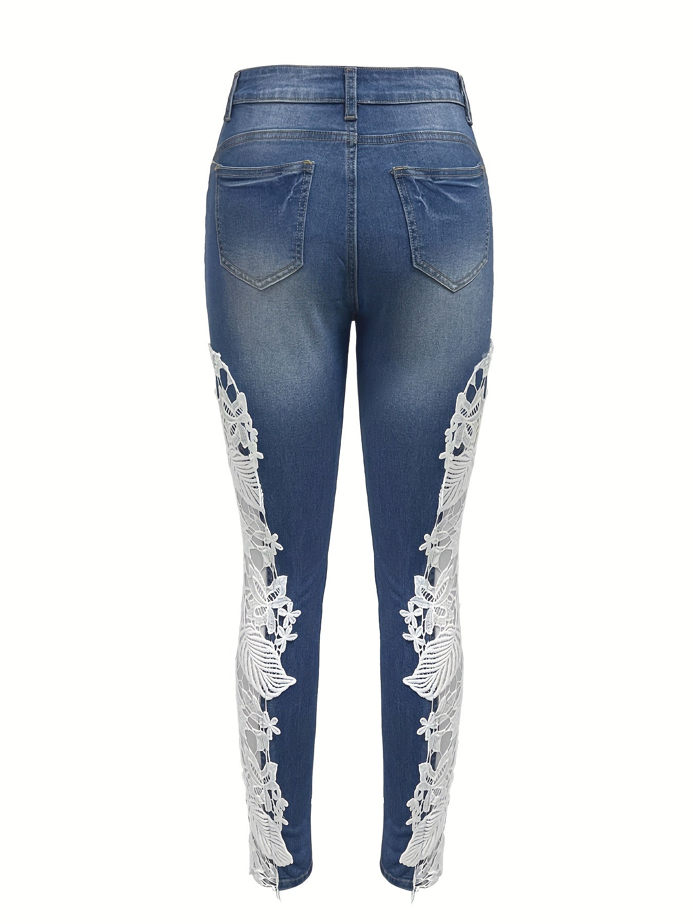 Denim Jeans With Lace Panel Hollow Out Skinny Fit Style