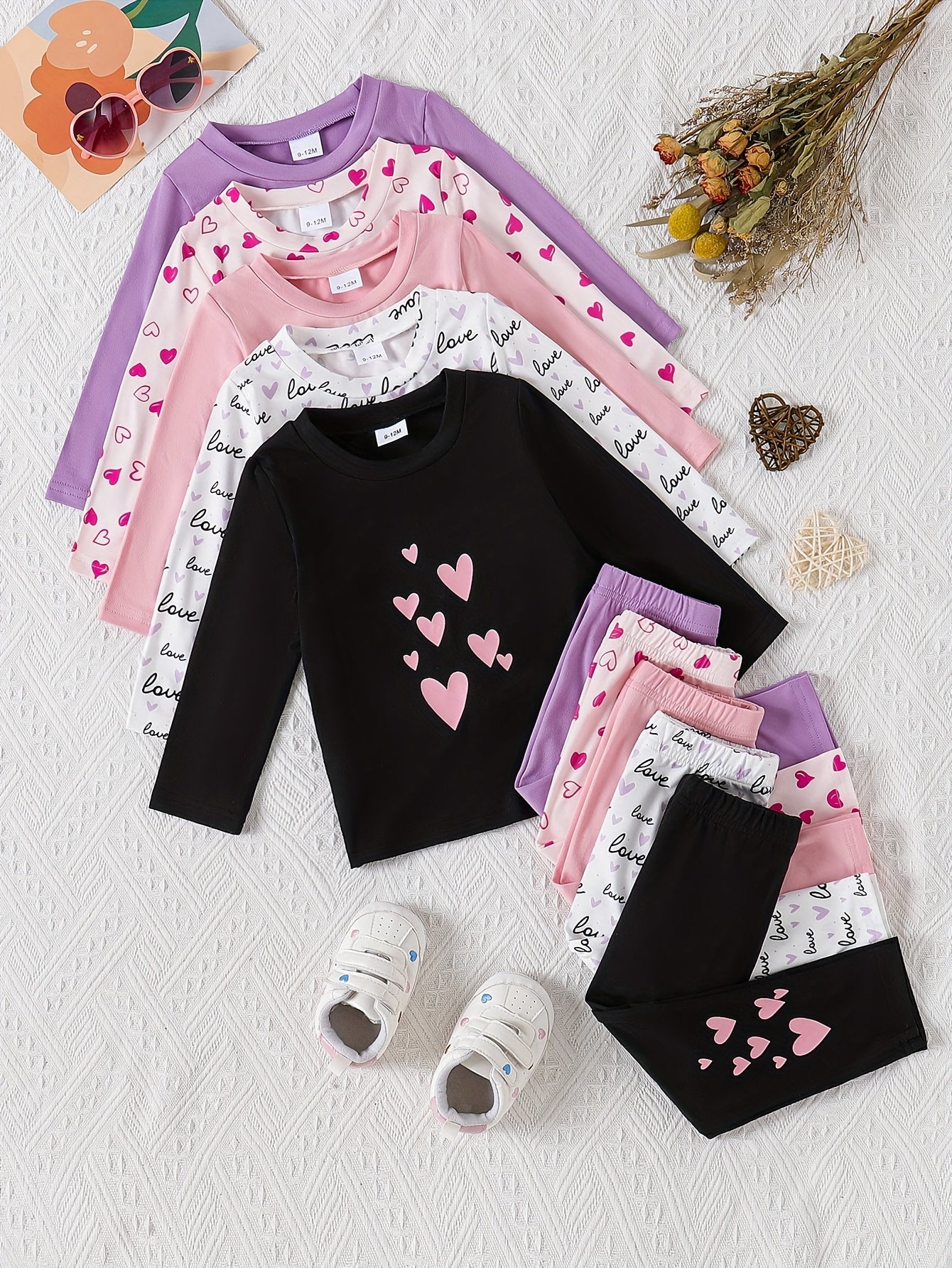 Baby Girls Casual Long Sleeve Pants Set With Heart Print