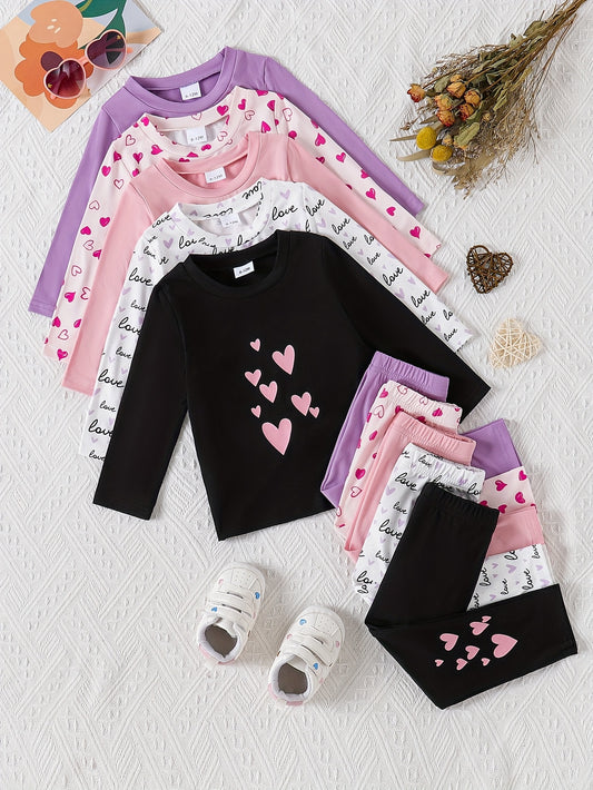 Baby Girls Casual Long Sleeve Pants Set With Heart Print