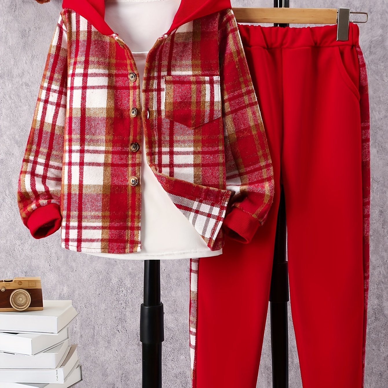 Girls Plaid Hooded Shirt And Jogger Set With Pocket