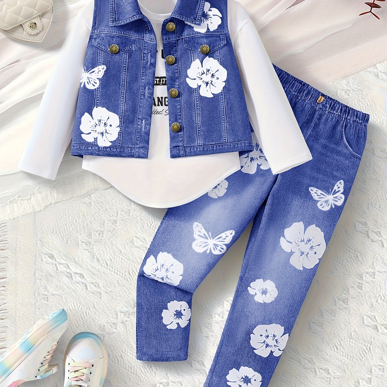 Girls Autumn Winter 3 Piece Print Set Vest And Pants