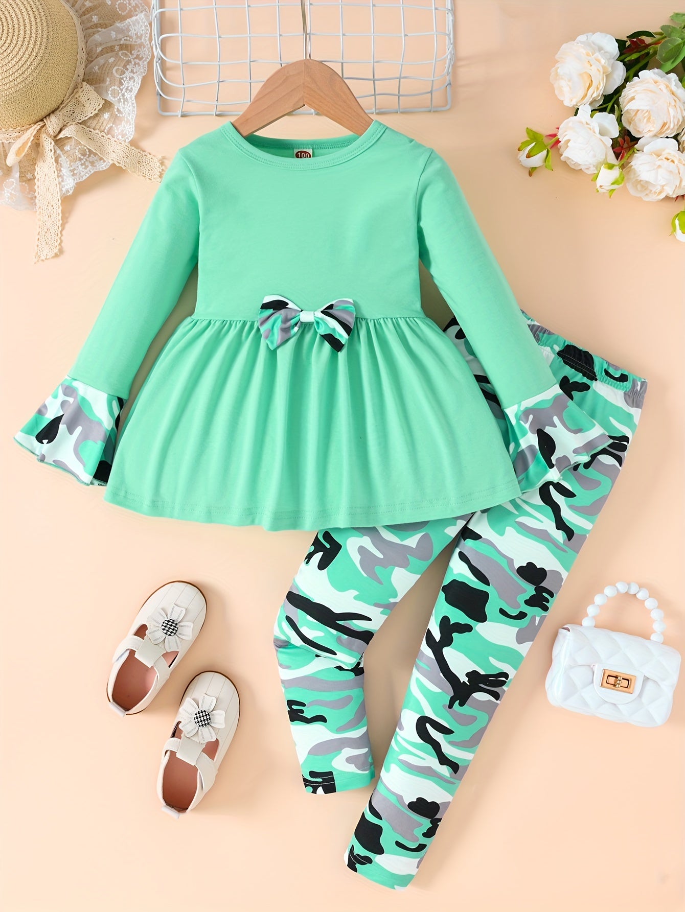 Girls Camouflage Bow Tie Flared Dress and Print Pants Set