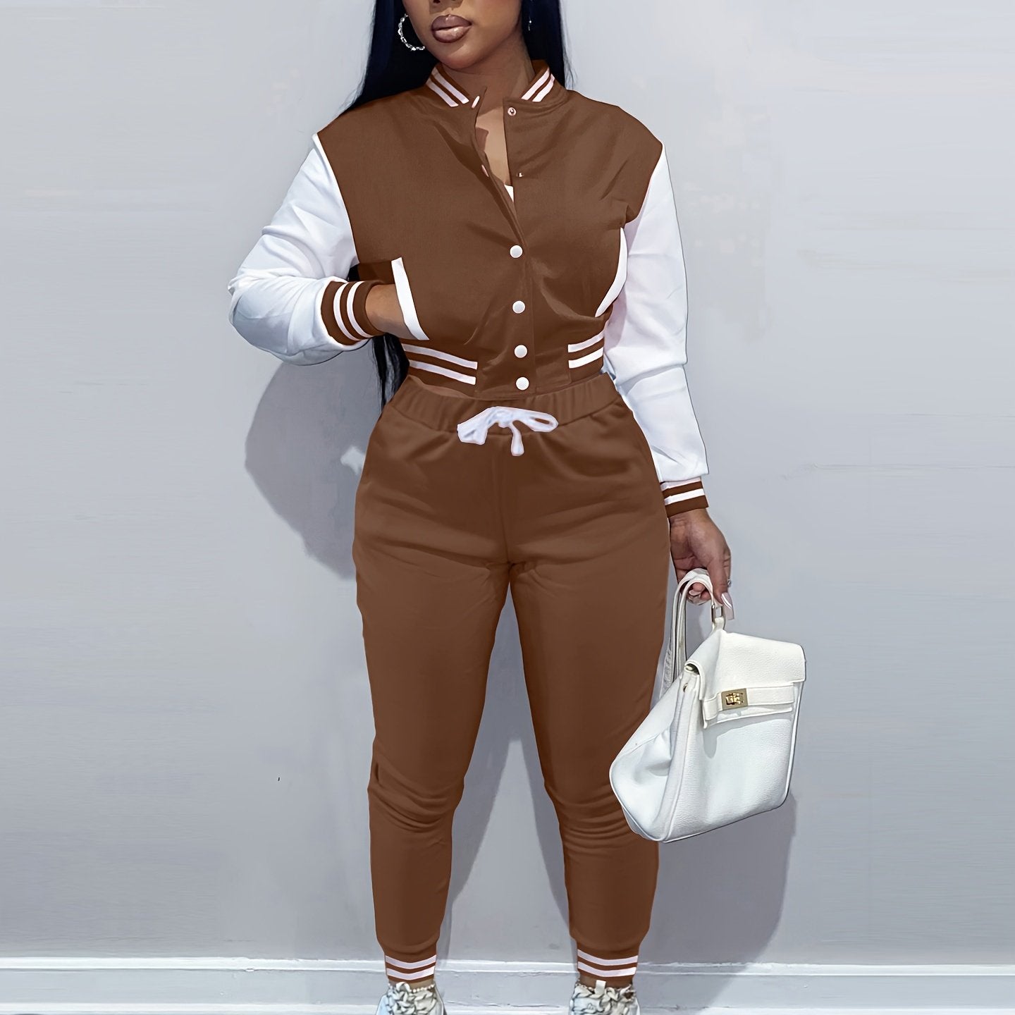 [Casual Baseball Jacket Set] Women's Casual Two-Piece Set - Solid Color Baseball Jacket & Pants, Long Sleeve, Regular Fit, Single-Breasted Buttons | Casual Style
