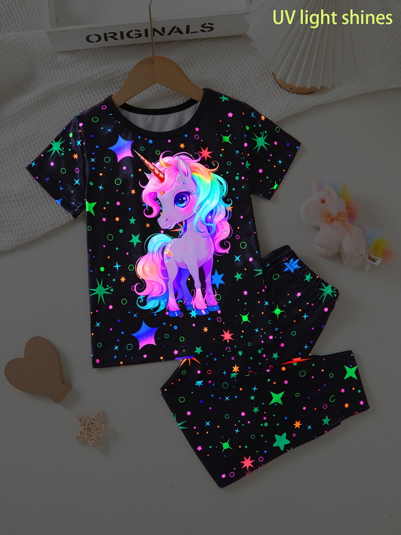 Girls Glow In The Dark Unicorn Pajama Set 2 Piece Outfit