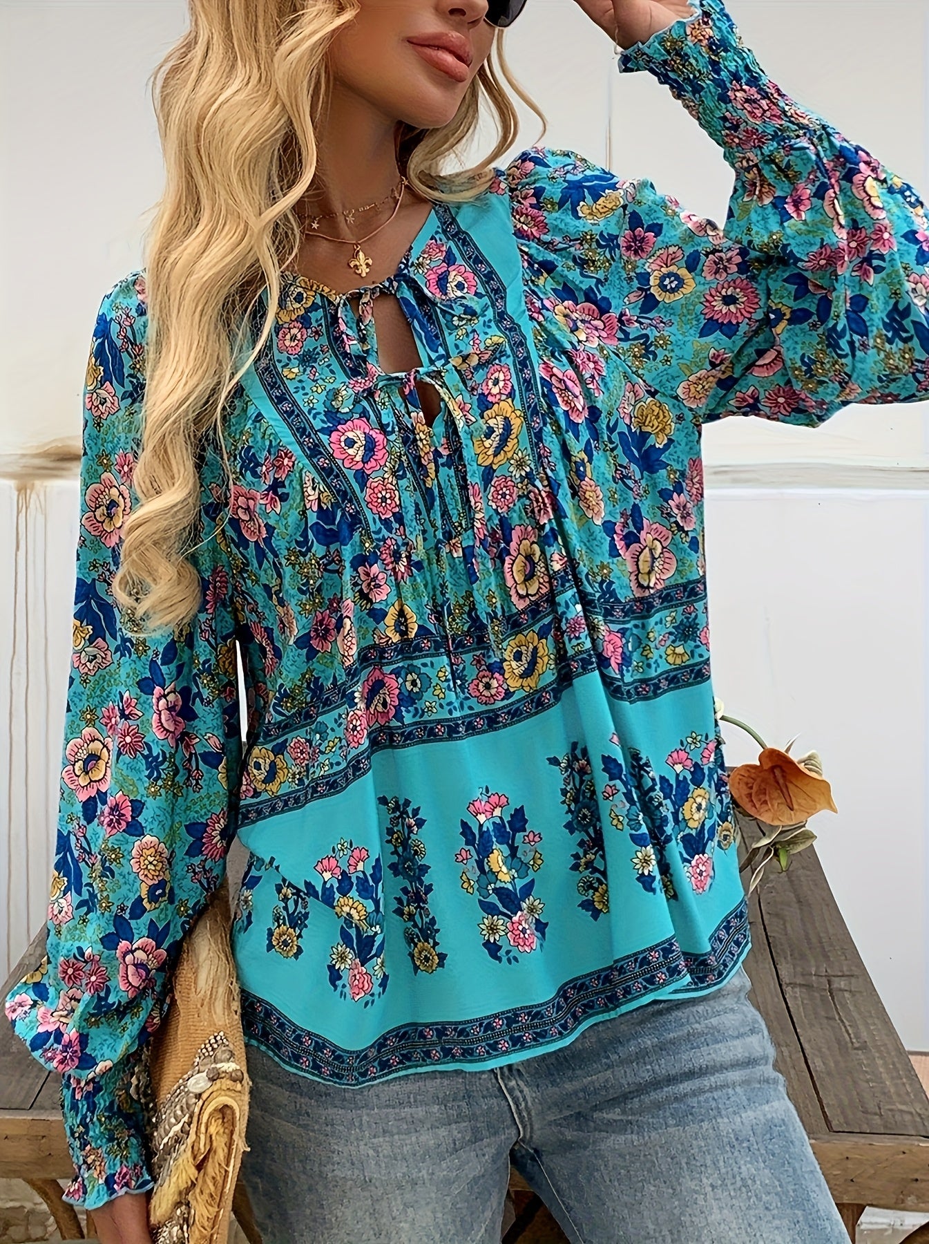 Floral Print V Neck Blouse With Drawstring Long Sleeve