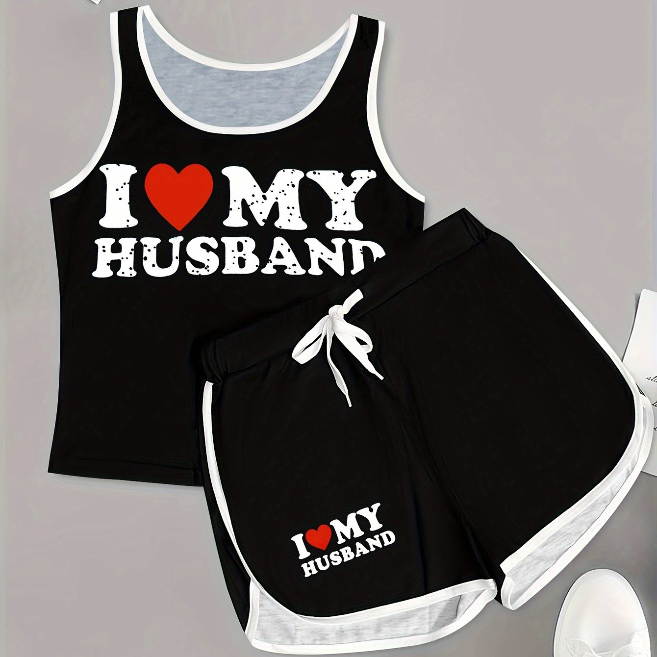 Heart Print Two-Piece Set With Contrast Trim Casual Womens Outfit