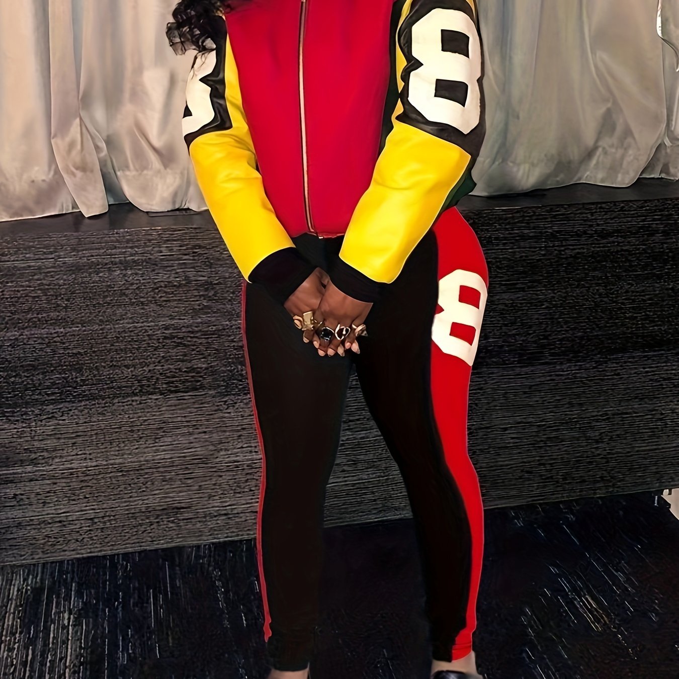 Color Block Two-piece Set, Casual Zip Up Jacket & Pants Outfits For Fall & Winter, Women's Clothing