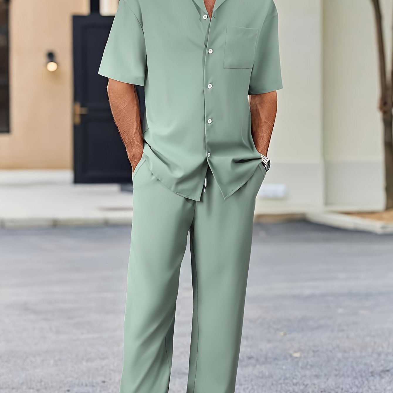 Machine Washable Polyester Men's Casual Suit-Inspired Short Sleeve Shirt & Loose Straight Pants Set