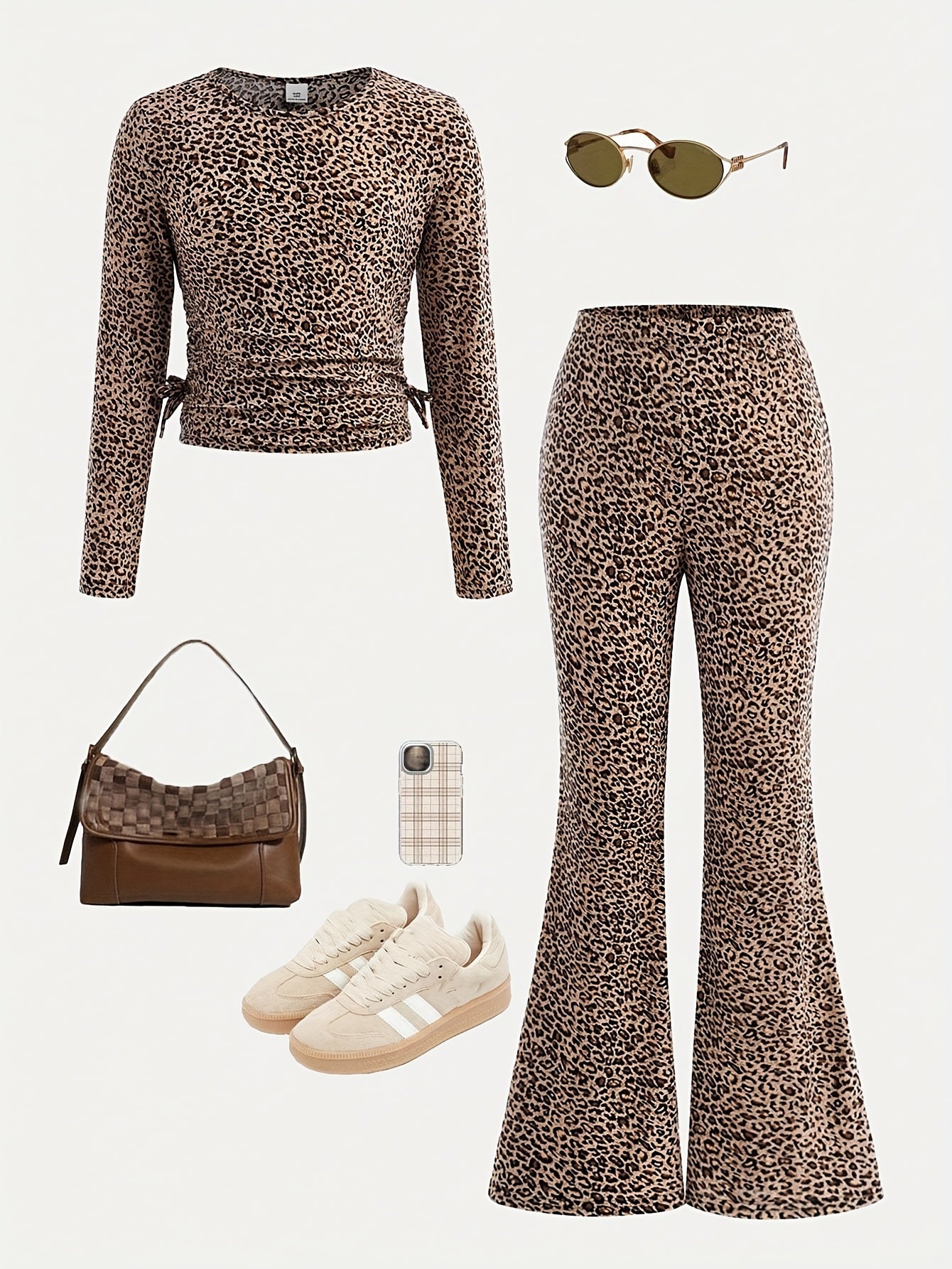 Frenchy Leopard Print Girls Long Sleeve Top And Pants Set