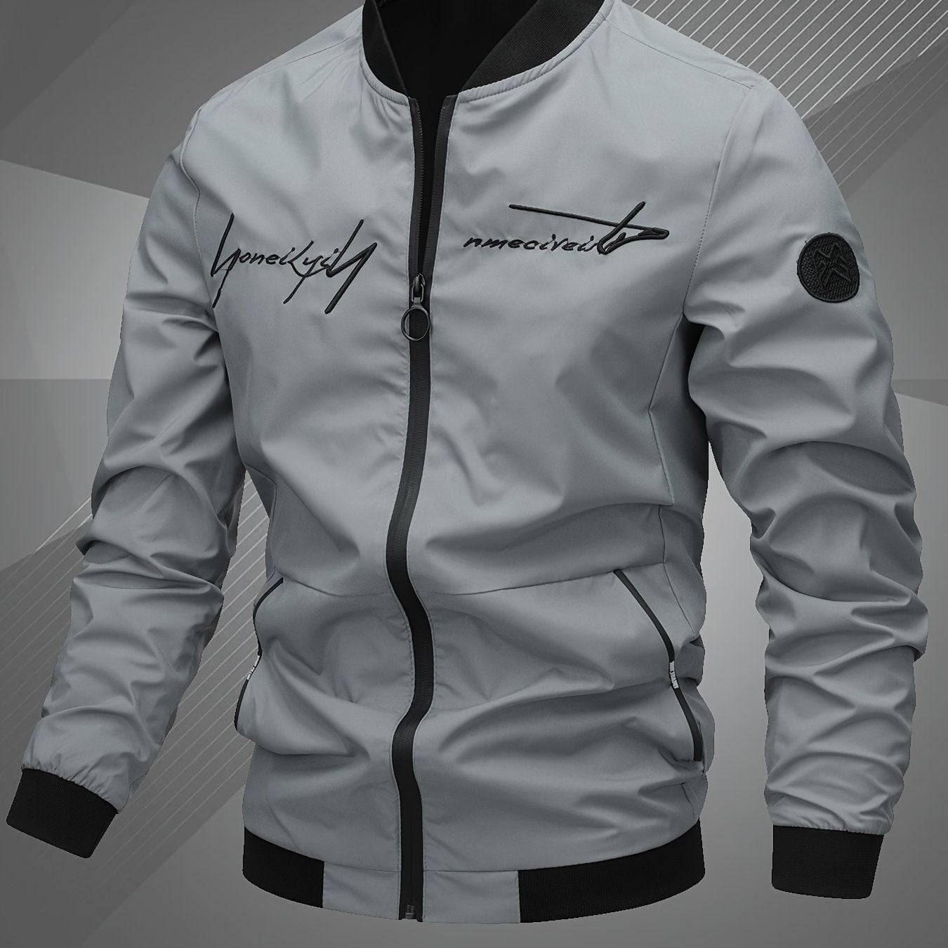 Mens Letter Embroidered Casual Bomber Jacket Regular Fit