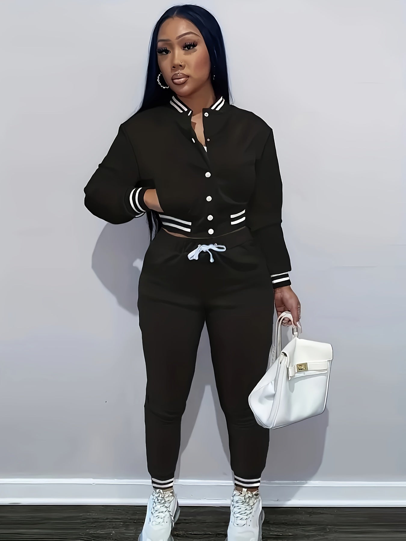 [Casual Baseball Jacket Set] Women's Casual Two-Piece Set - Solid Color Baseball Jacket & Pants, Long Sleeve, Regular Fit, Single-Breasted Buttons | Casual Style