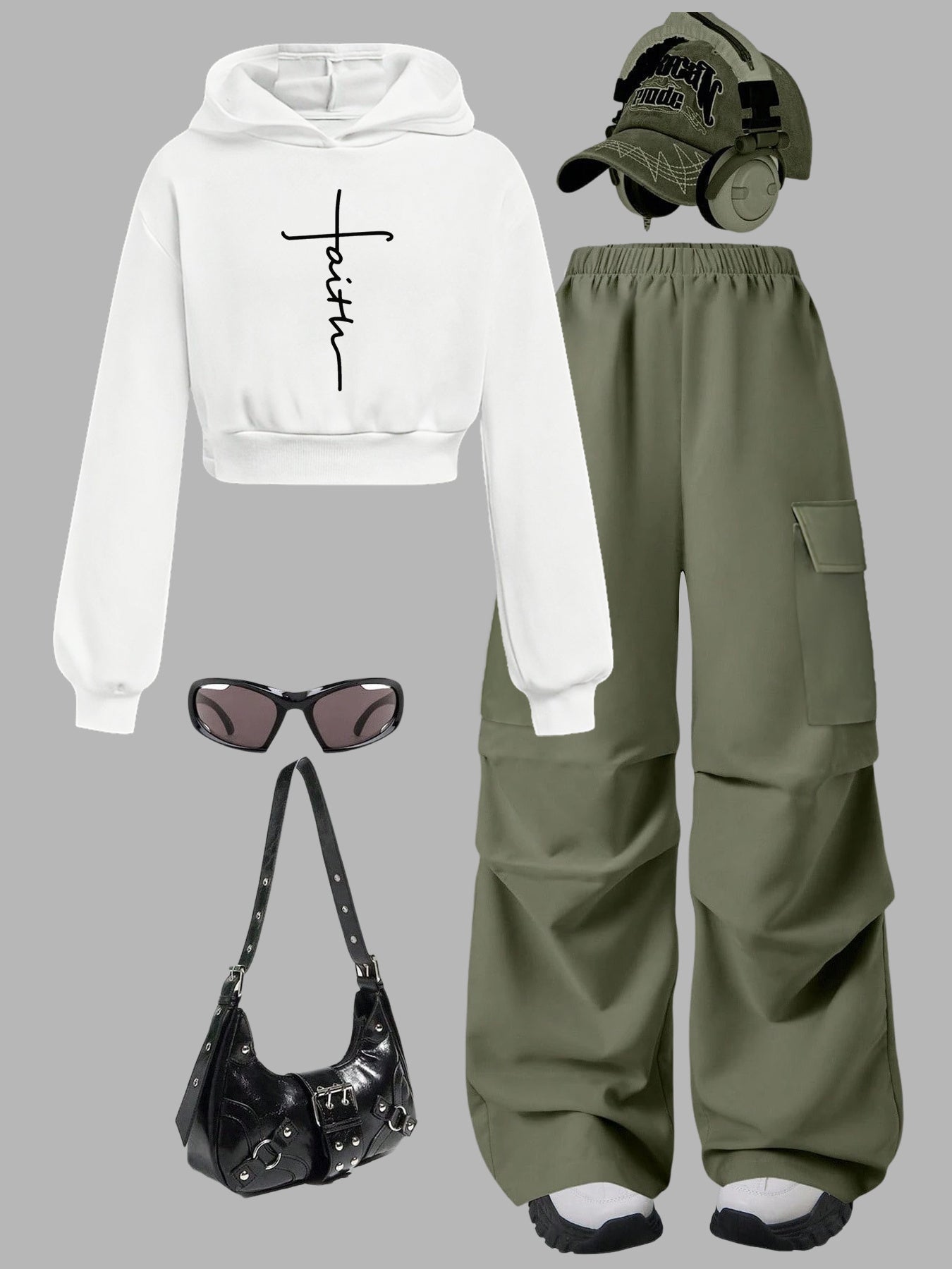 Minimalist Faith Cross Hoodie Set With Cargo Wide Leg Pants