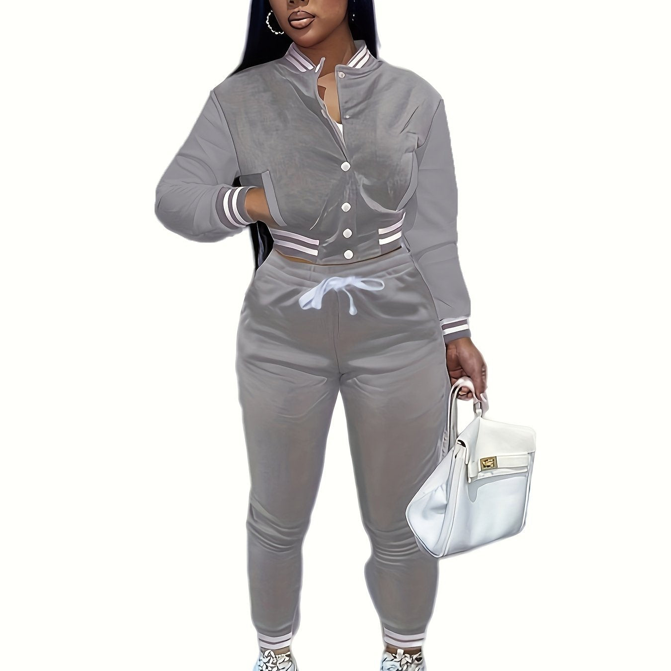 [Casual Baseball Jacket Set] Women's Casual Two-Piece Set - Solid Color Baseball Jacket & Pants, Long Sleeve, Regular Fit, Single-Breasted Buttons | Casual Style