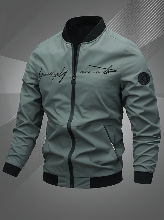 Mens Letter Embroidered Casual Bomber Jacket Regular Fit