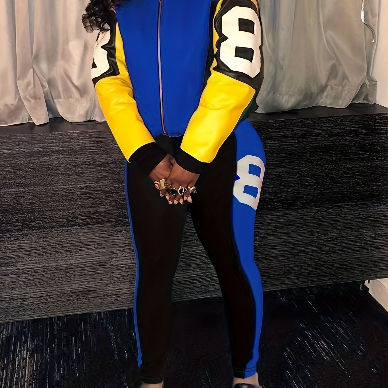Color Block Two-piece Set, Casual Zip Up Jacket & Pants Outfits For Fall & Winter, Women's Clothing