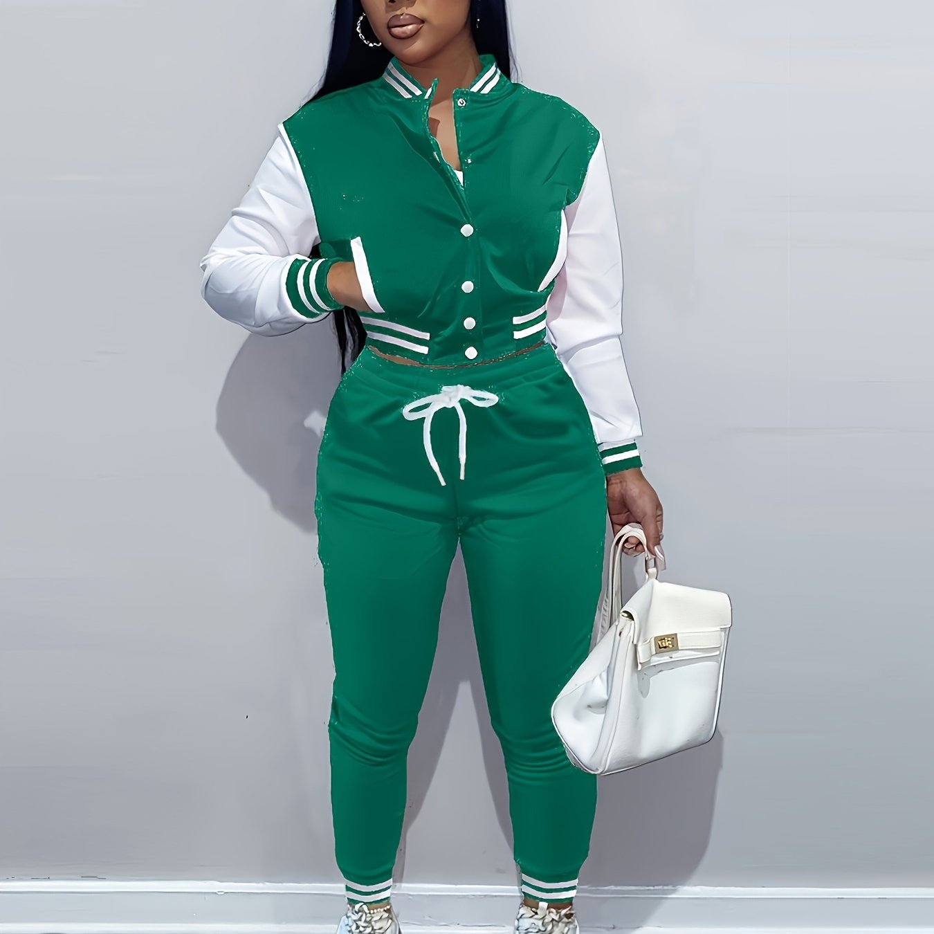 [Casual Baseball Jacket Set] Women's Casual Two-Piece Set - Solid Color Baseball Jacket & Pants, Long Sleeve, Regular Fit, Single-Breasted Buttons | Casual Style
