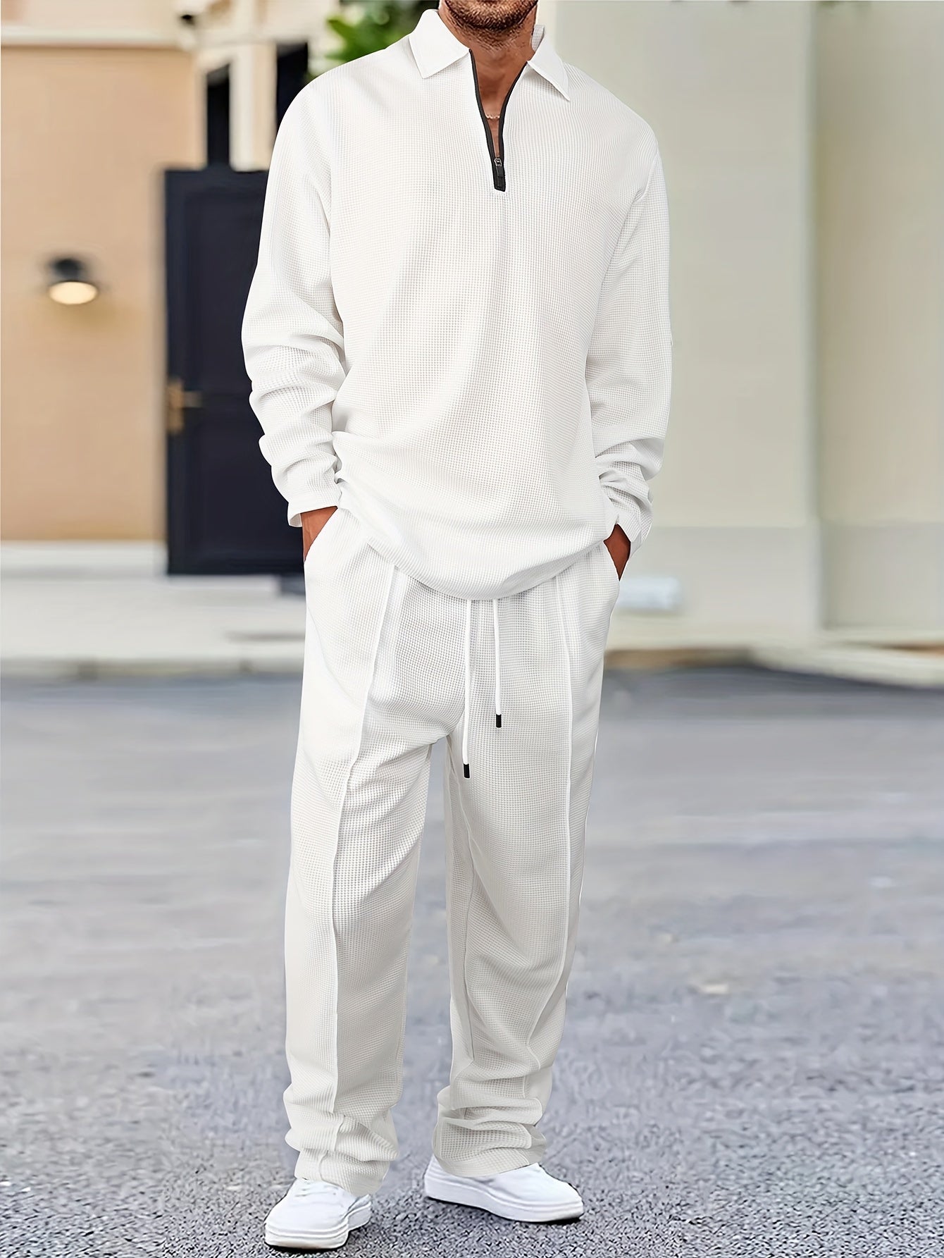 [Stylish Casual Suit] 2pcs Solid Color Plaid Casual Suit | Men's Long Sleeve Collared Shirt and Drawstring Pants - Stylish Comfortable Outfit for Daily Leisure Wear, Suitable for Spring/Autumn Men's Clothing