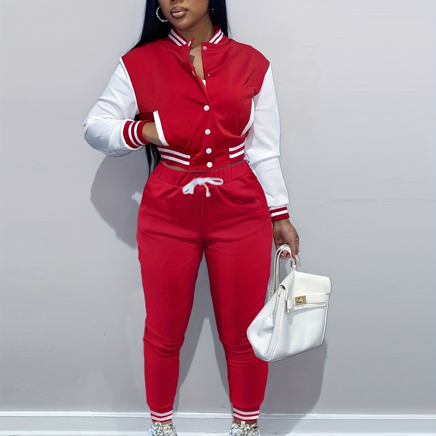 [Casual Baseball Jacket Set] Women's Casual Two-Piece Set - Solid Color Baseball Jacket & Pants, Long Sleeve, Regular Fit, Single-Breasted Buttons | Casual Style