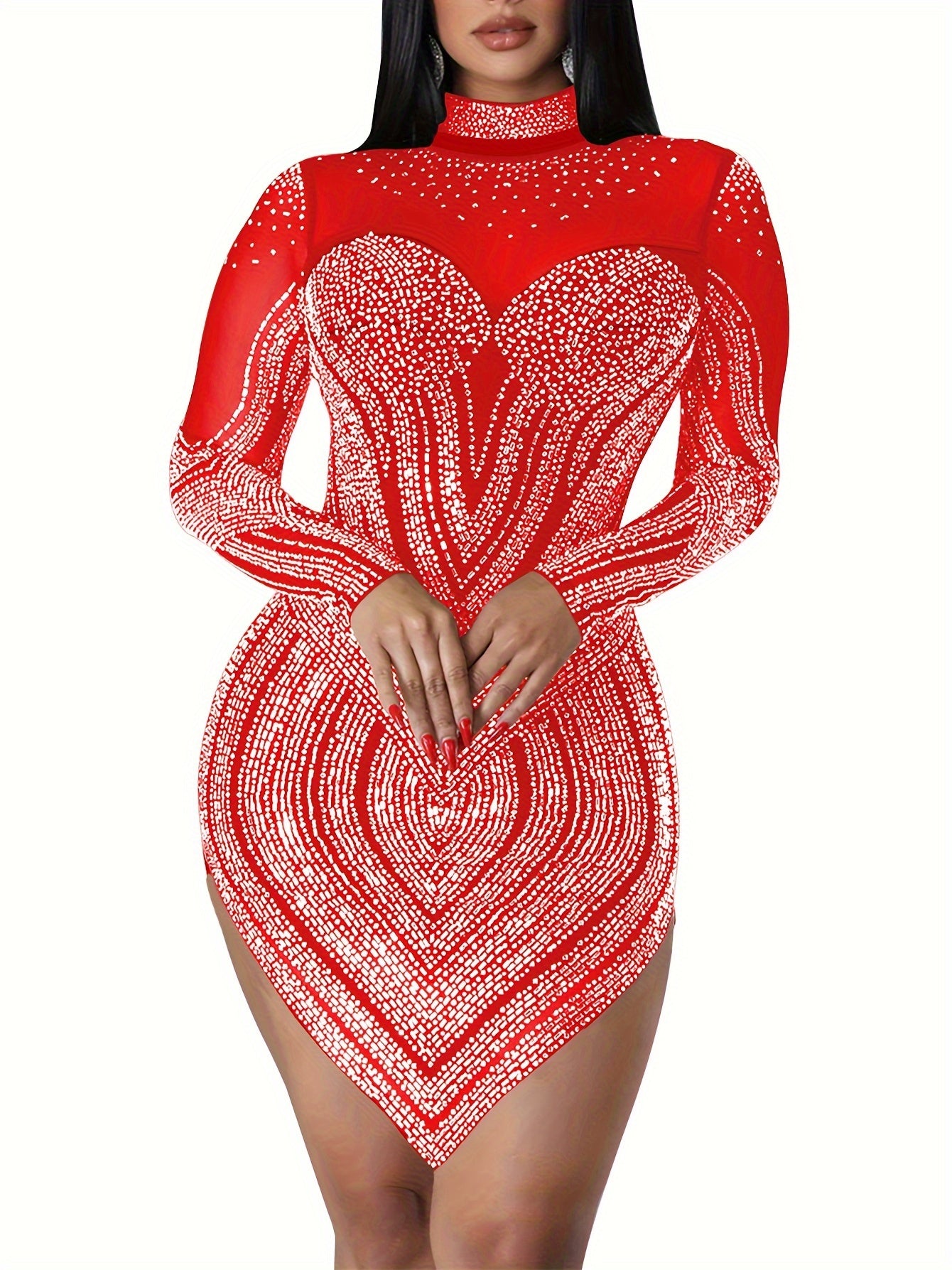 Rhinestone Semi-Sheer Dress High Neck Long Sleeve Bodycon Party Dress For Women