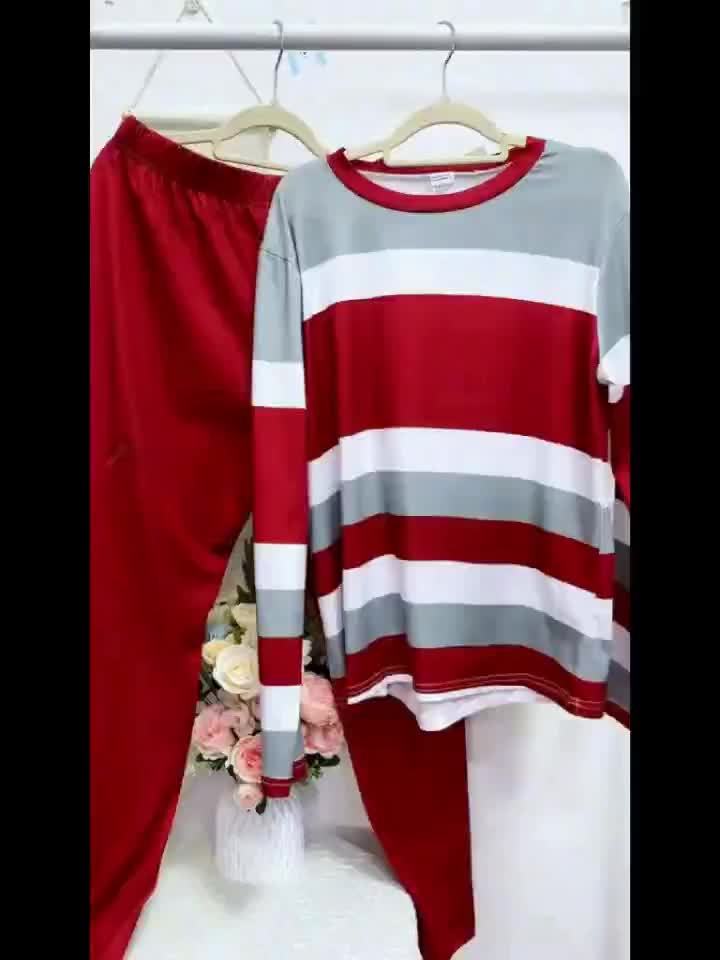 Two-piece Slim Matching Set: Long Sleeve Crew Neck Striped Color Block T-shirt & Solid Elastic Waist Pants Outfits for Women
