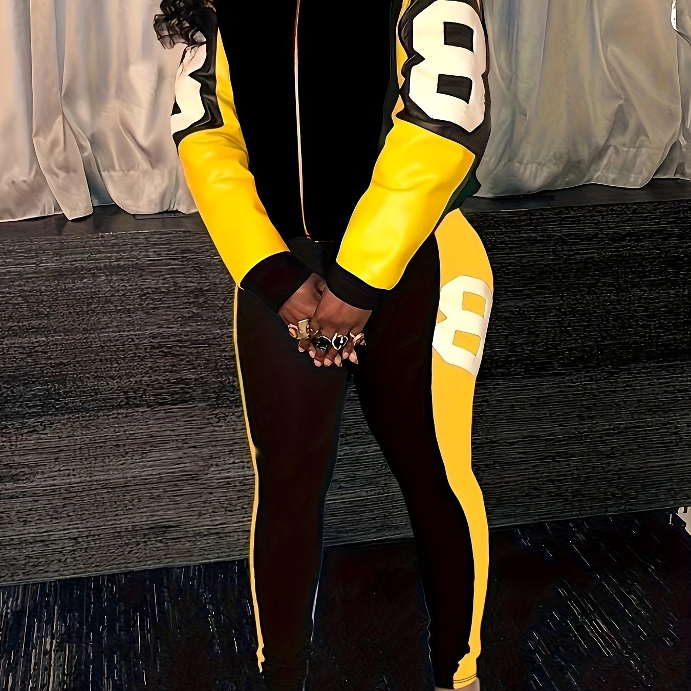 Color Block Two-piece Set, Casual Zip Up Jacket & Pants Outfits For Fall & Winter, Women's Clothing