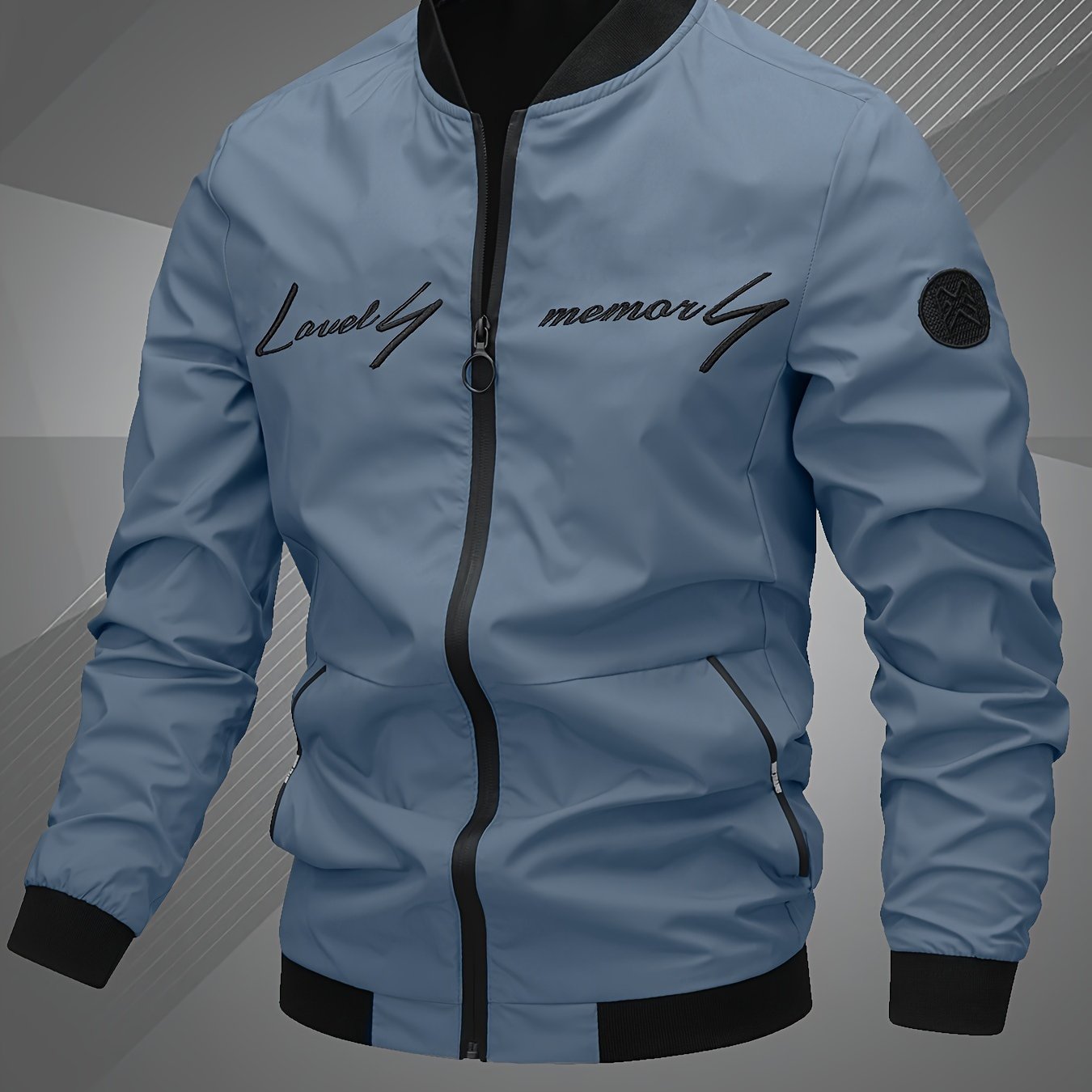 Mens Letter Embroidered Casual Bomber Jacket Regular Fit