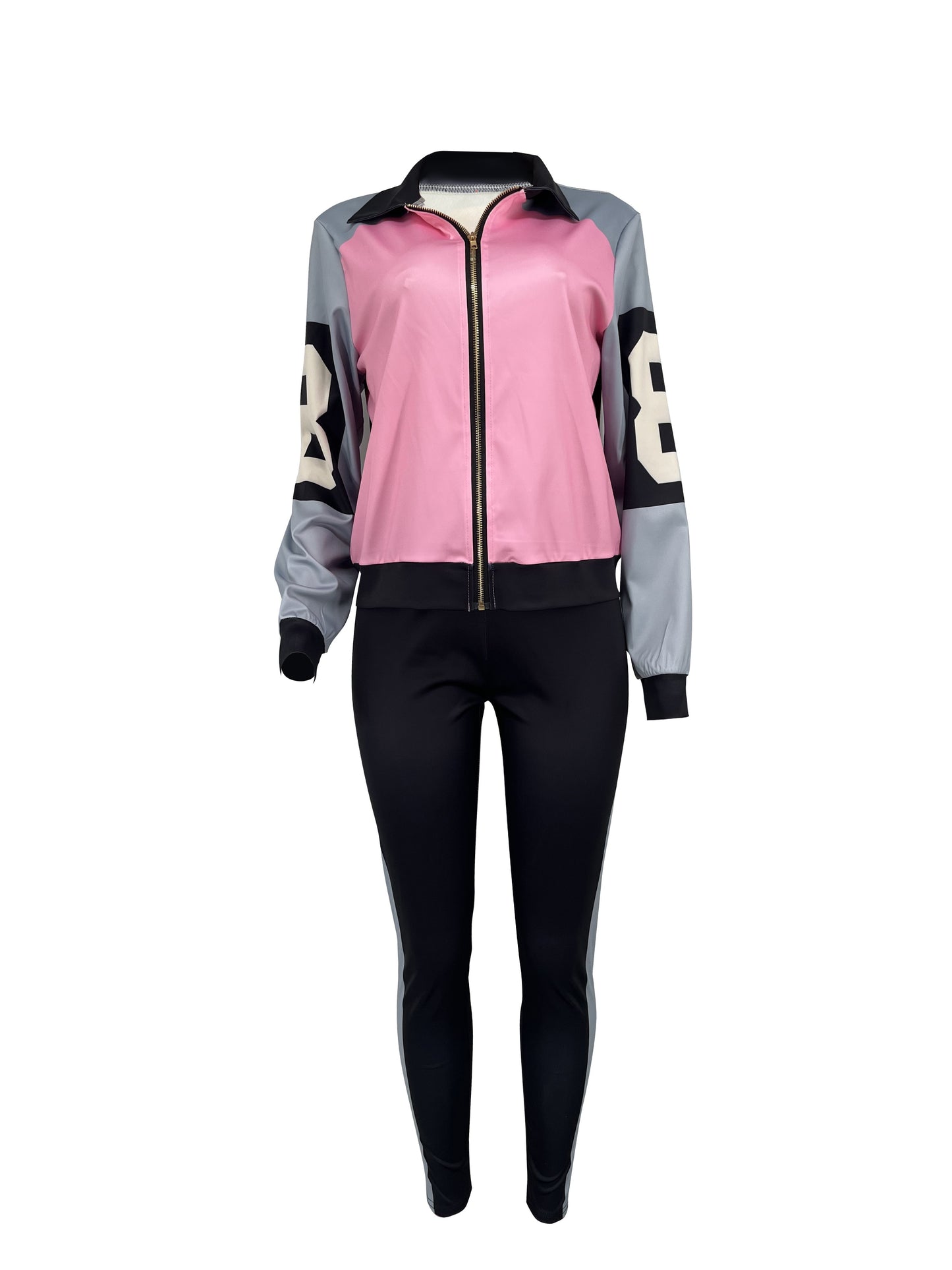 Color Block Two-piece Set, Casual Zip Up Jacket & Pants Outfits For Fall & Winter, Women's Clothing