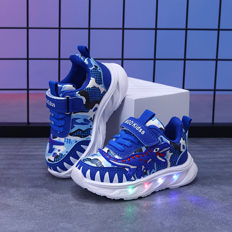 MGO Kidss new dinosaur sports shoes in spring and autumn, with LED lights, artificial  surface boy shoes, bright sports shoes, boy dinosaur shoes, spring and autumn cartoon boy sports shoes, flashing lights suitable for 1-6 y
