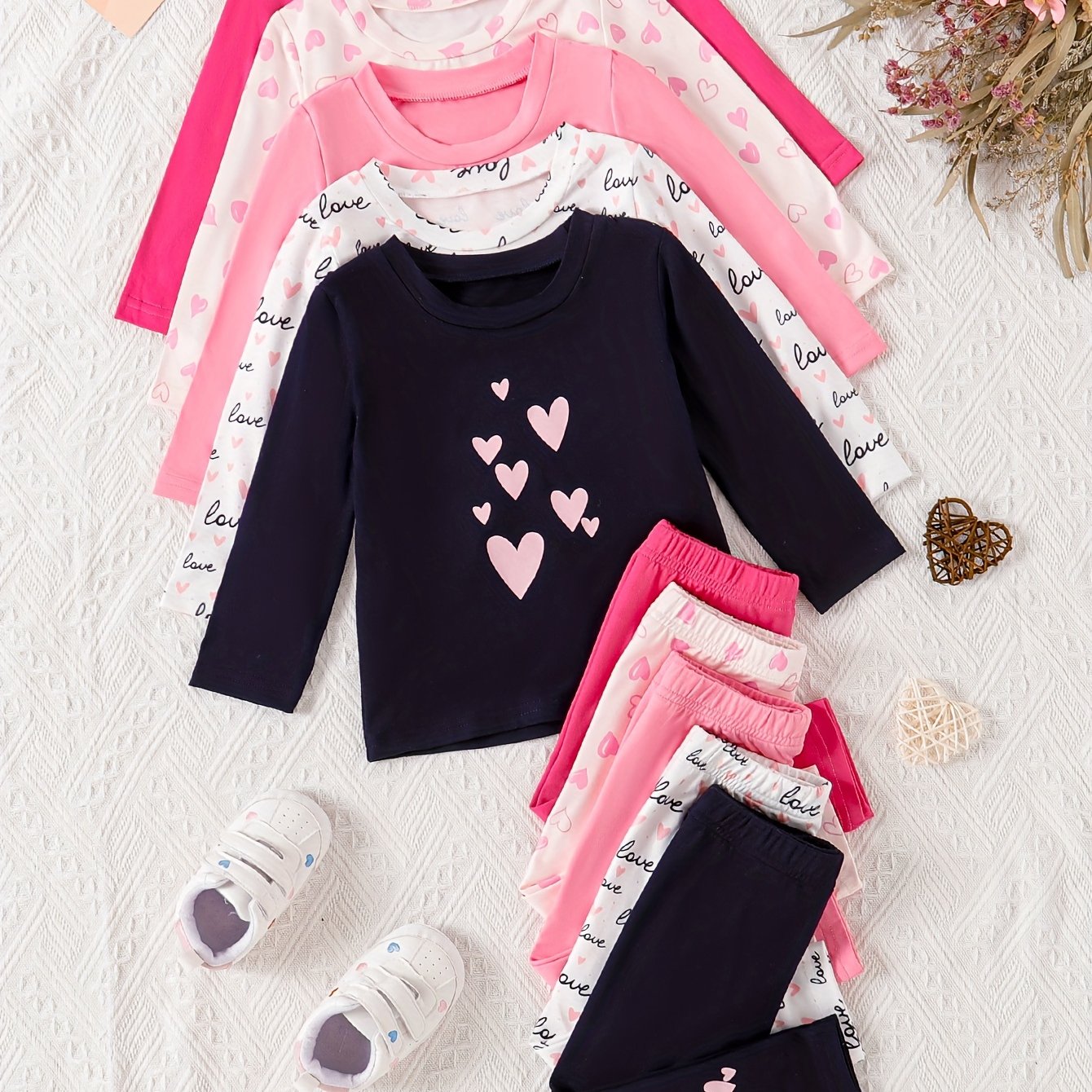 Baby Girls Casual Long Sleeve Pants Set With Heart Print