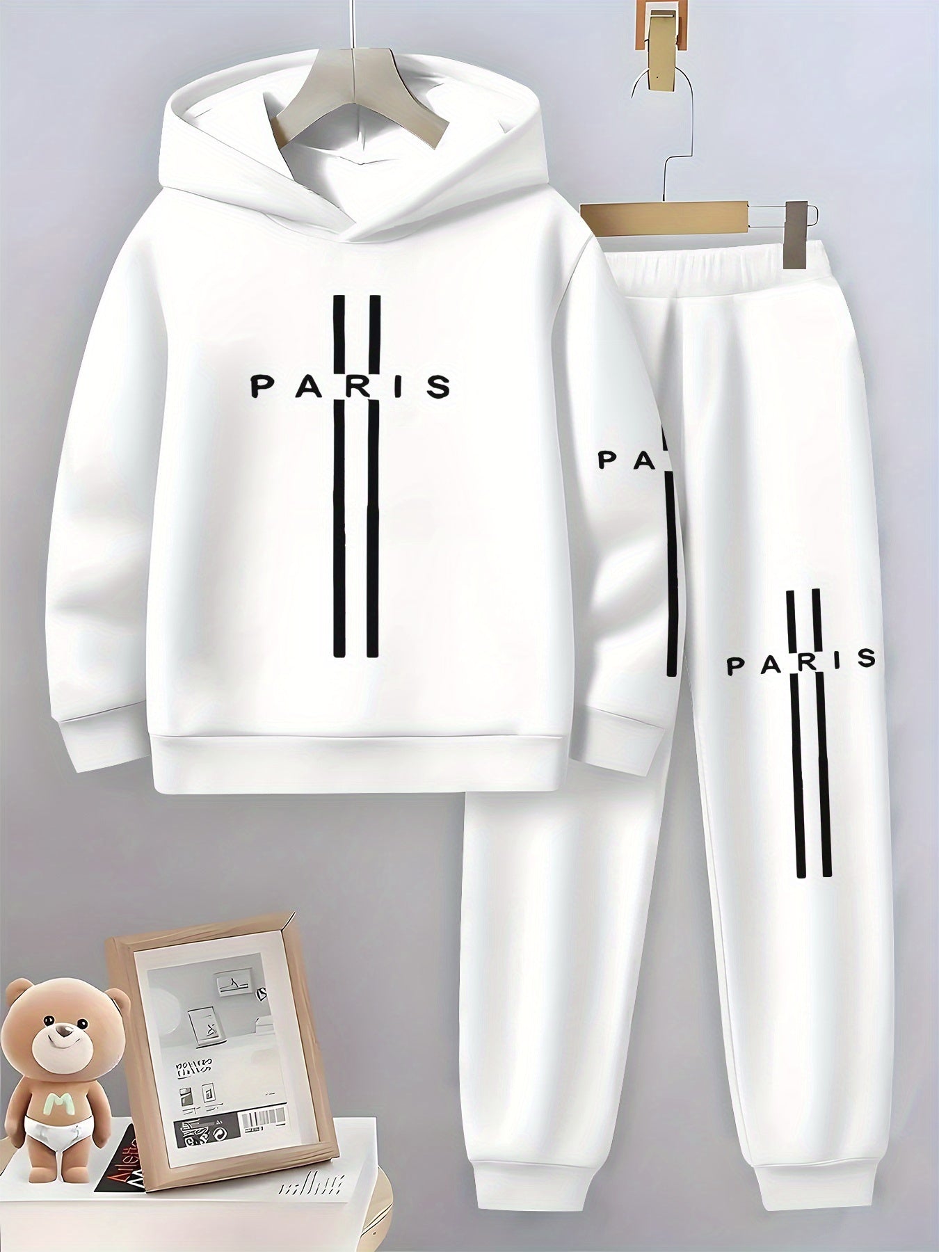 Boys Paris Print Hoodie And Sweatpants Set Geometric Pattern