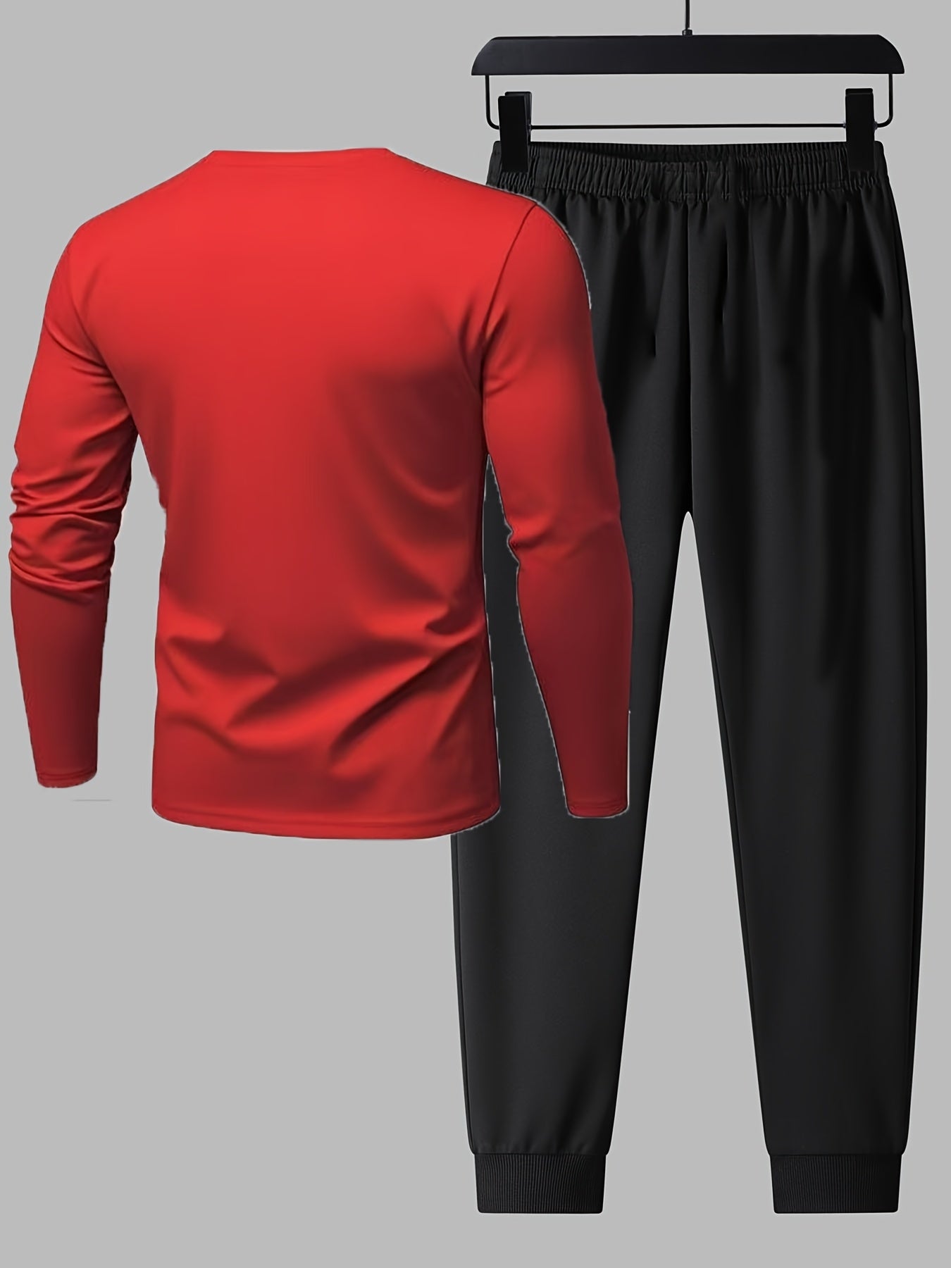 Men'S Casual Athletic Set - Red Long Sleeve T-Shirt with "PARIS" Logo & Black Joggers, Comfortable Polyester Blend, Perfect for Home or Gym, Gym Apparel|Casual Style|Polyester Blend