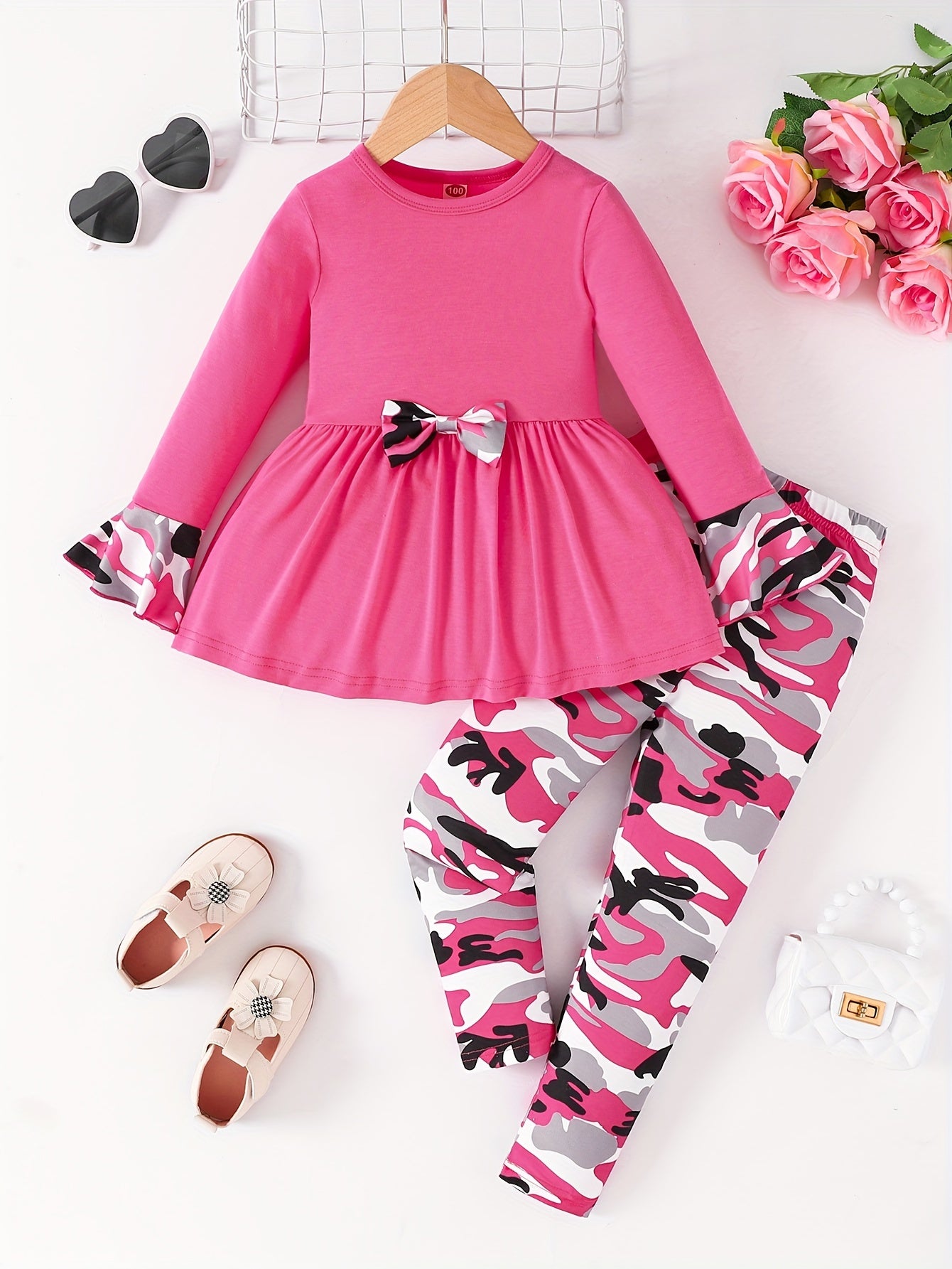 Girls Camouflage Bow Tie Flared Dress and Print Pants Set