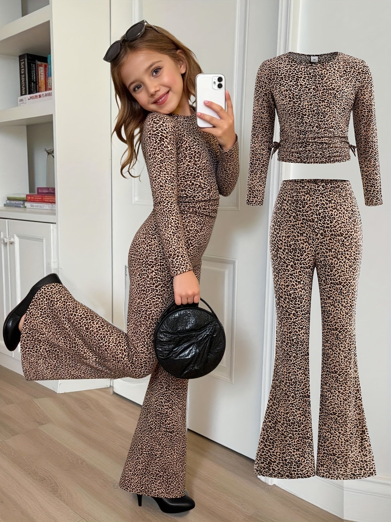 Frenchy Leopard Print Girls Long Sleeve Top And Pants Set