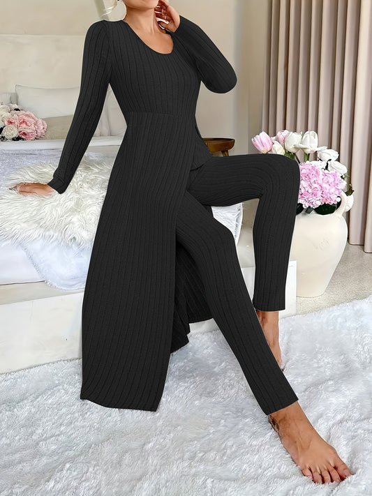 Two-piece Set of Long-sleeved Ribbed Top and Pants for Women