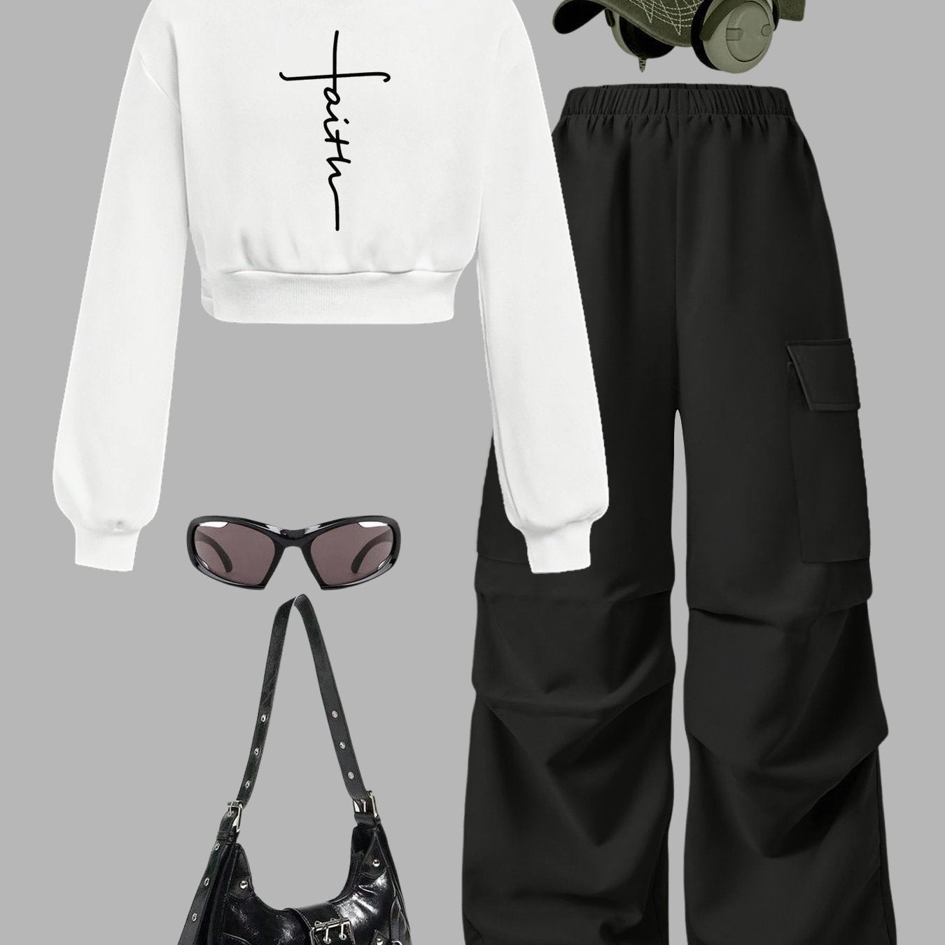 Minimalist Faith Cross Hoodie Set With Cargo Wide Leg Pants