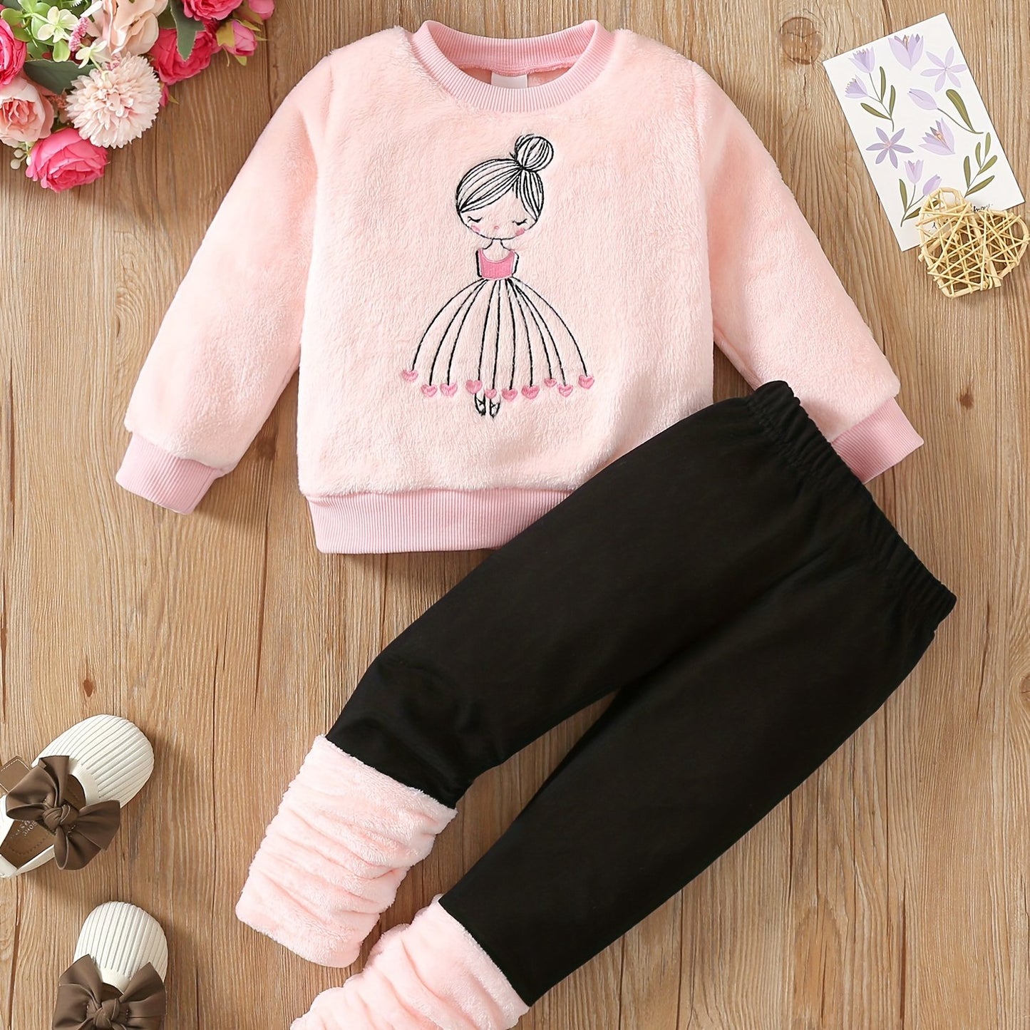 RAOSWETY Girls Two Piece Autumn Winter Fuzzy Top And Bottom Set
