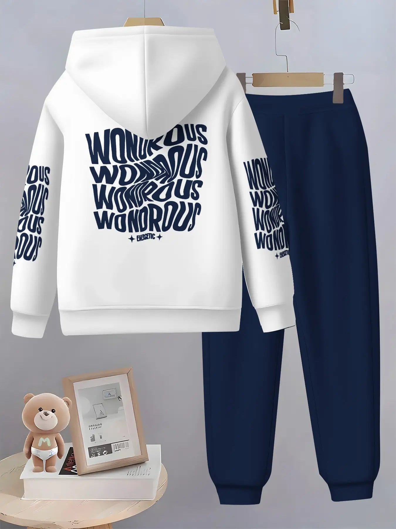 Geometric Pattern Boys Hoodie And Jogger Set For Outdoors