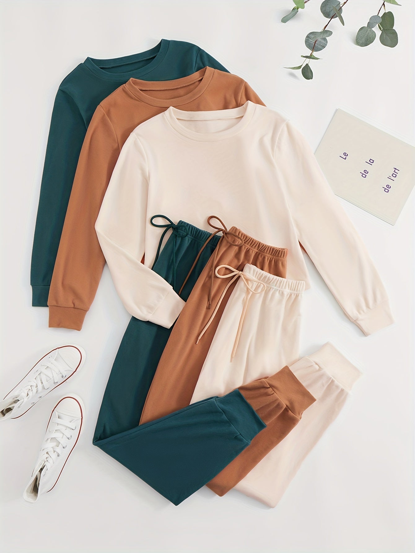 Women's casual velvet multi-color pullover long-sleeved pajamas tops & detailed waist rope decorative belt casual trousers home clothes three sets