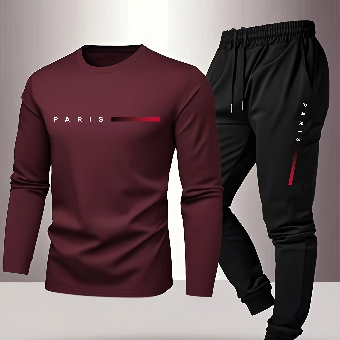 Men'S Casual Athletic Set - Red Long Sleeve T-Shirt with "PARIS" Logo & Black Joggers, Comfortable Polyester Blend, Perfect for Home or Gym, Gym Apparel|Casual Style|Polyester Blend