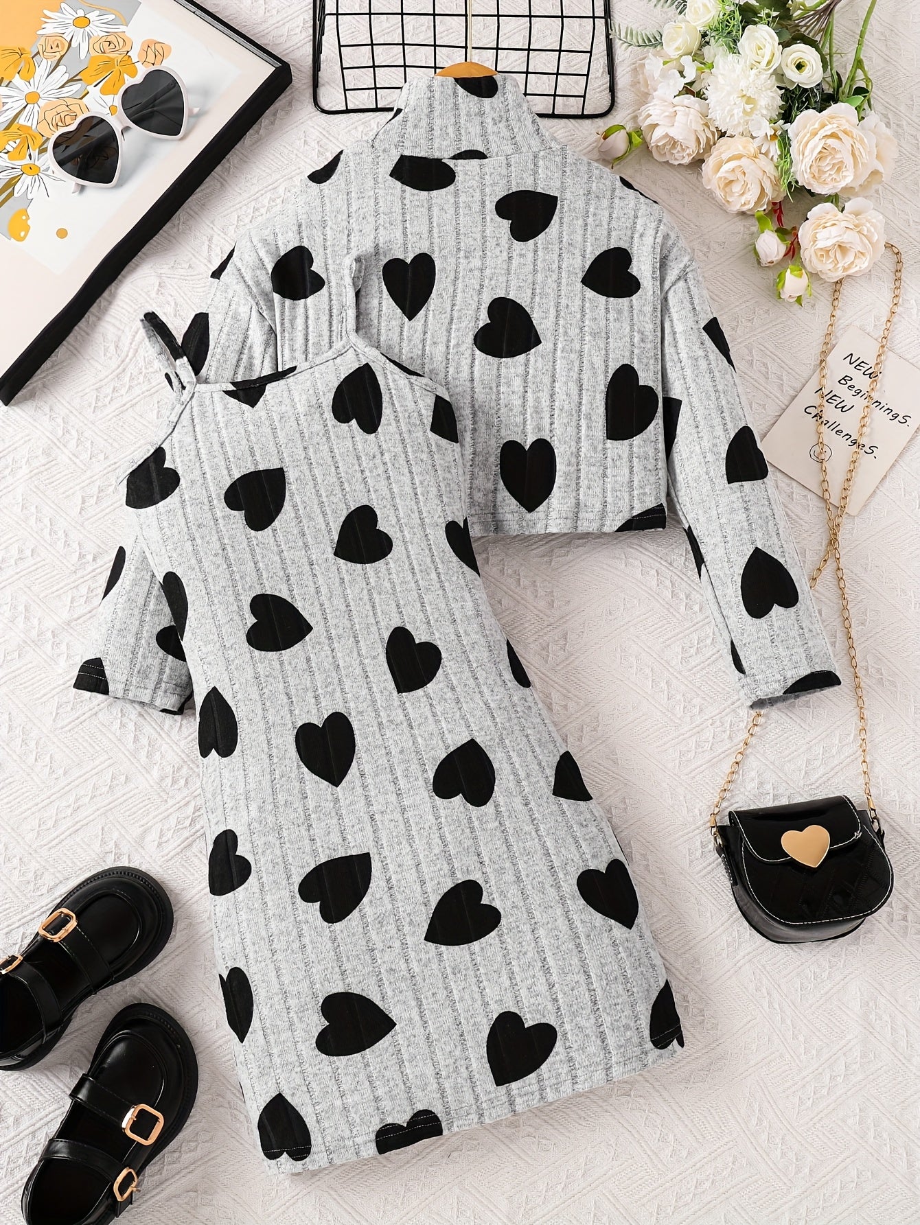 Girls Autumn Winter Heart Print High Neck Top Layered Dress