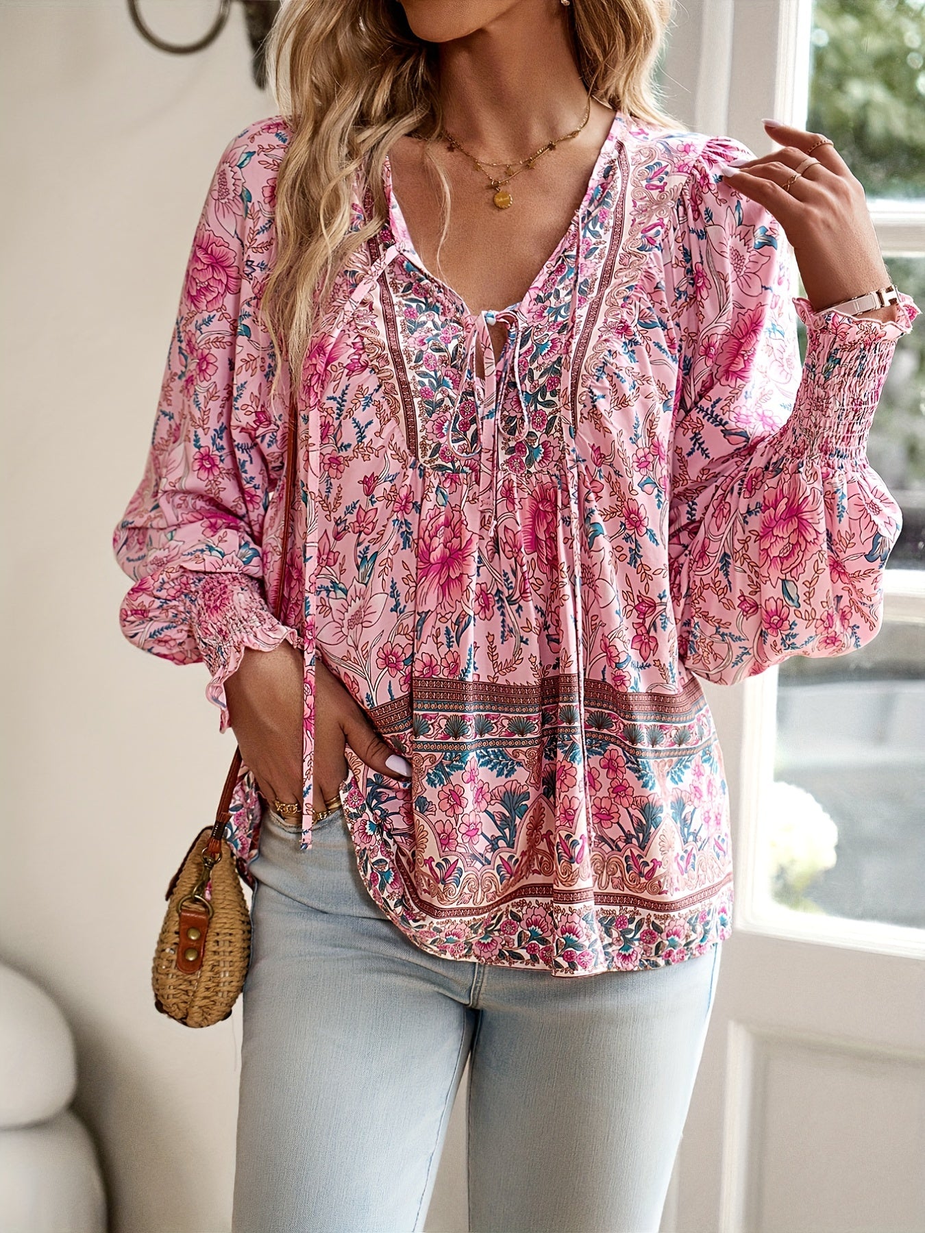 Floral Print V Neck Blouse With Drawstring Long Sleeve