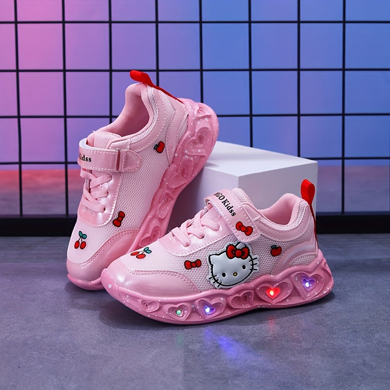 Girls' Glow-in-the-Dark Princess Sneakers with Lights - Pink & White Cartoon Design, Closure, Breathable Mesh Upper, Soft EVA Insole, Durable PVC Sole for Youngsters 1-6 Years, Spring Summer Casual Running Shoes, Shoes for Gi