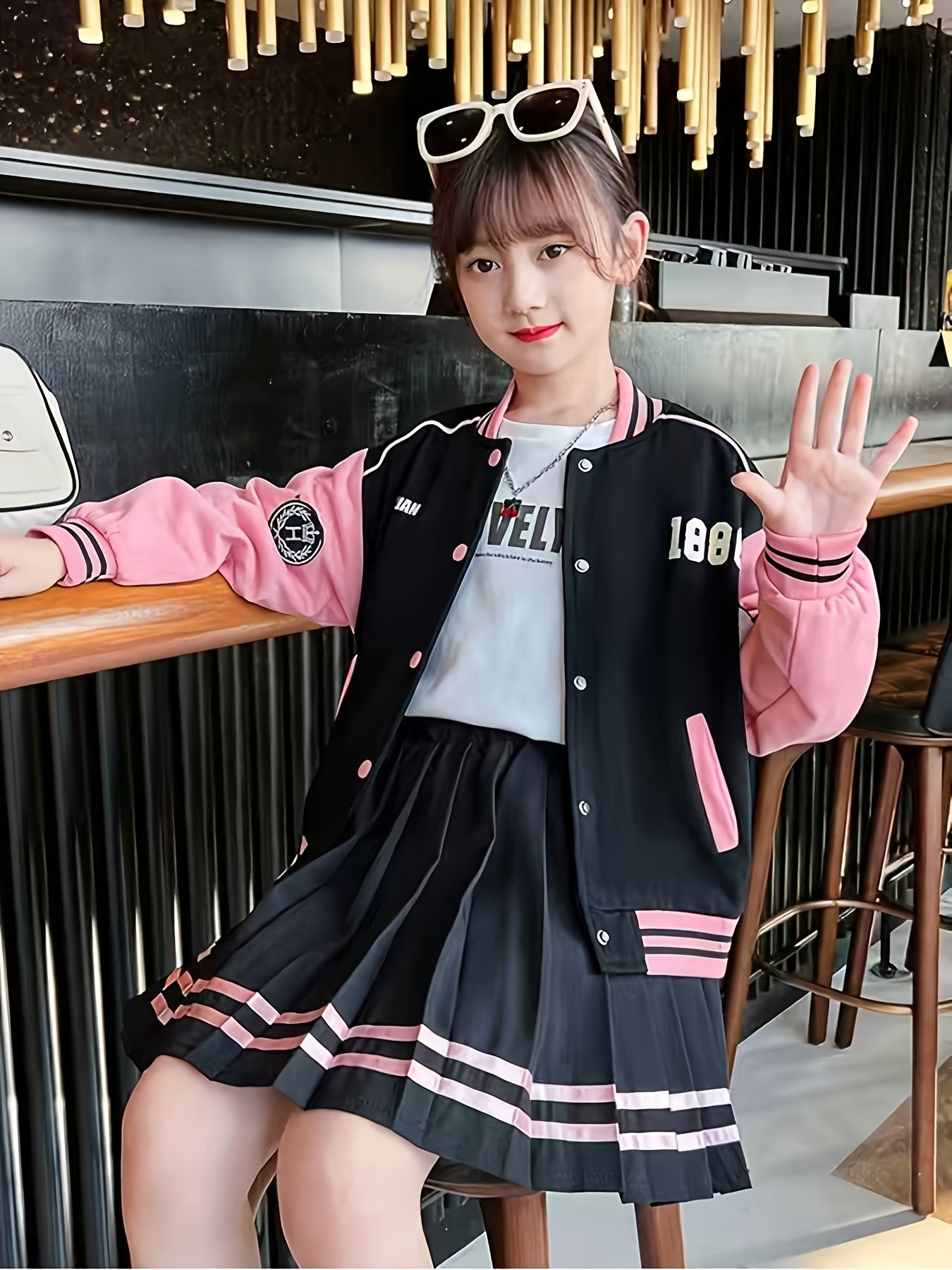 Girls Korean Style Pleated Skirt Set With Long Sleeve Top