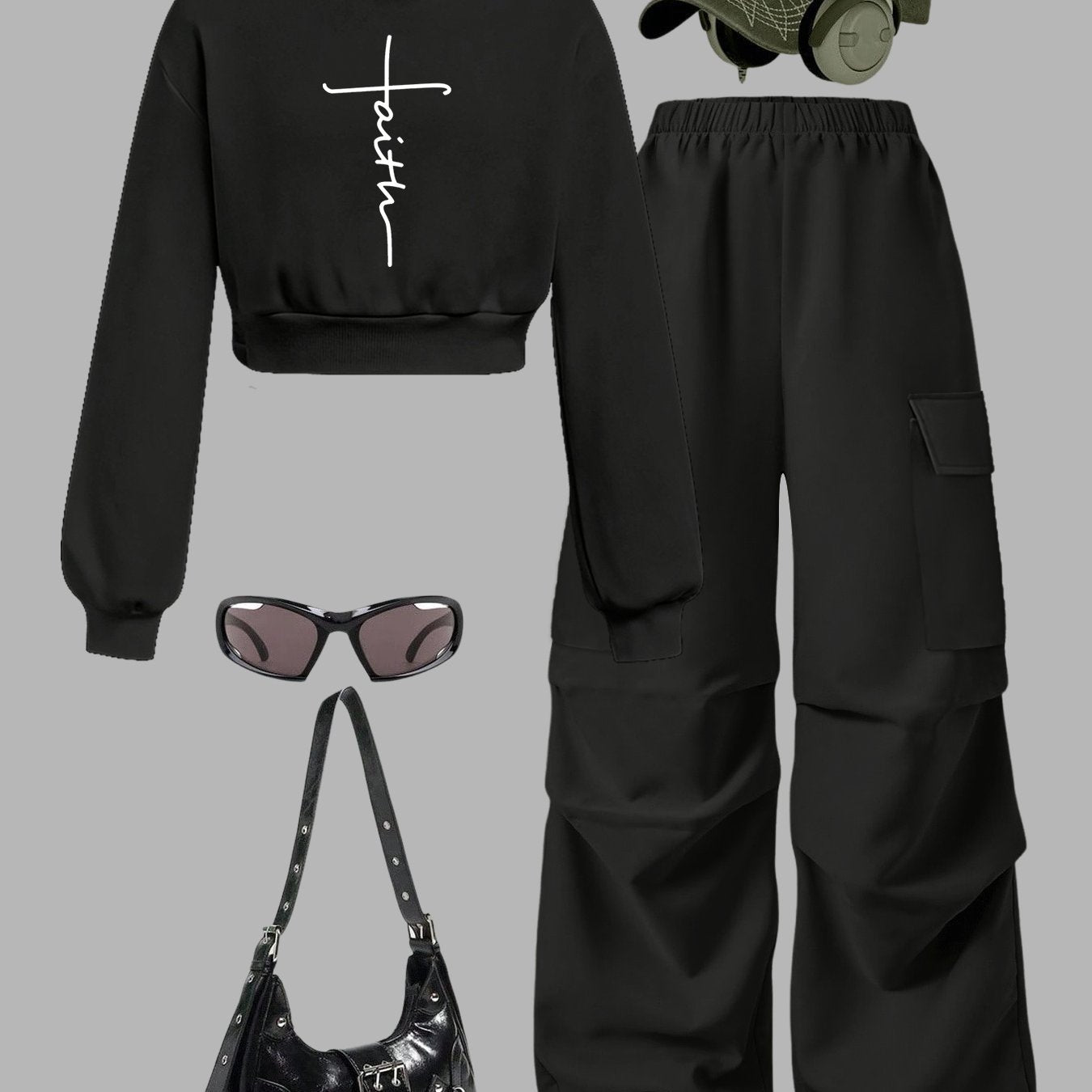 Minimalist Faith Cross Hoodie Set With Cargo Wide Leg Pants