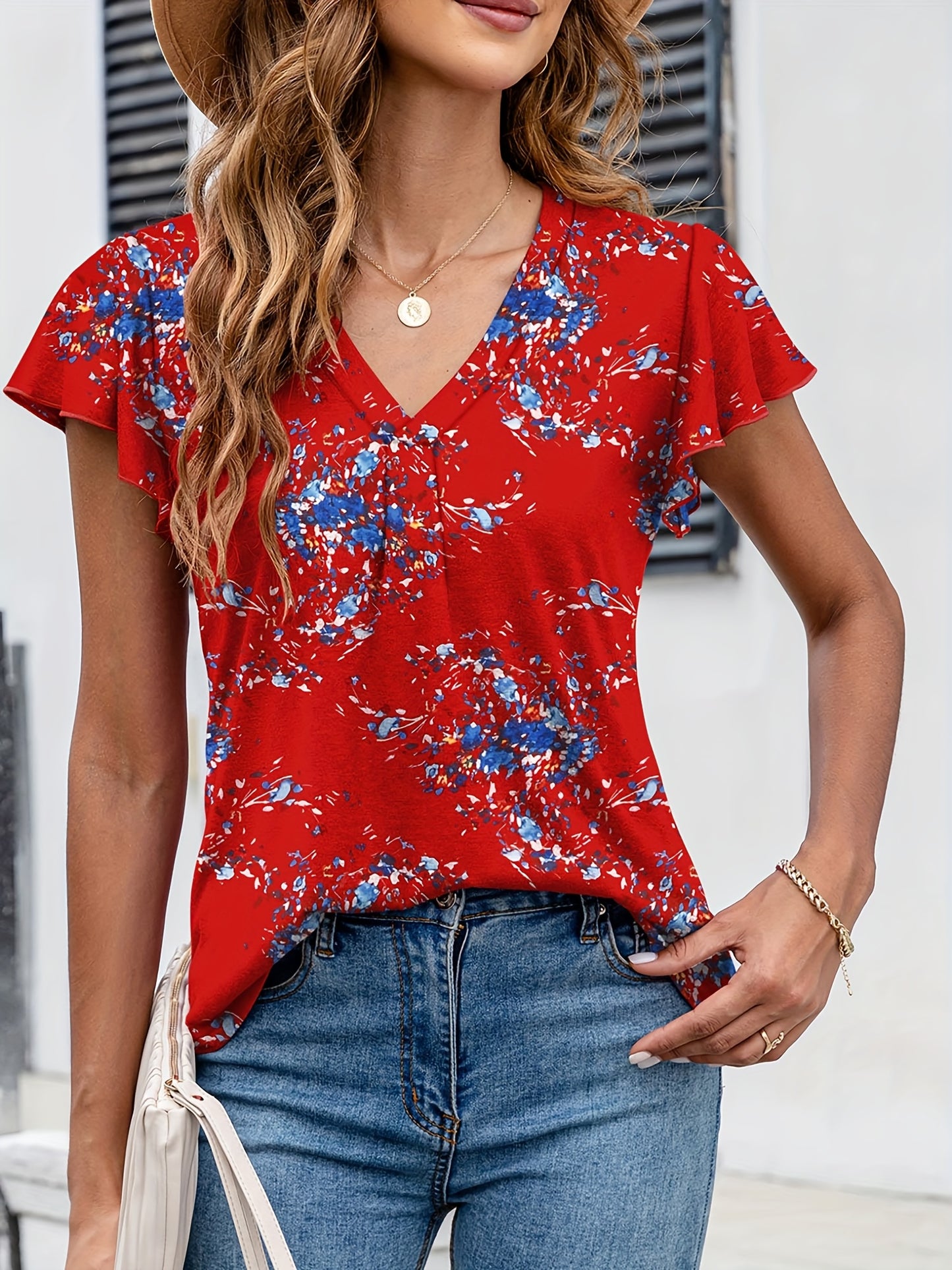 KTILG Womens Dressy Casual Flutter Sleeve V Neck Tunic Top