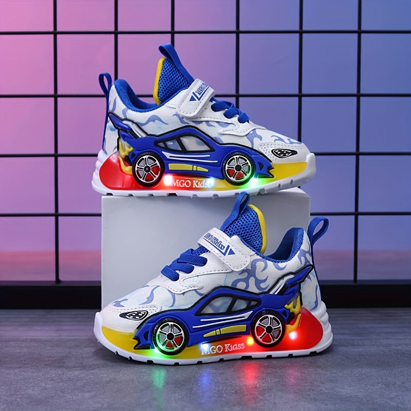 MGO Kidss 2025 Spring New Arrival - Cartoon Car & Fire Truck Light-Up Sneakers for Kids, Low Top Sneakers with Red & Blue Car Design, Casual & Sporty Style, Disposable Battery Powered, 14 and Under, Casual Footwear | Vibrant