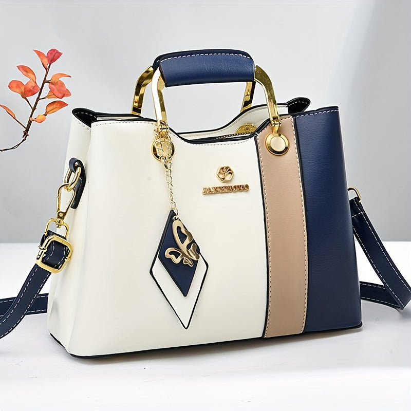 2024 New Women's Color-Block Tote Bag with Adjustable Crossbody/Shoulder Strap, Golden-Tone Hardware & Magnetic Closure - High Quality Casual Handbag for Commuting, Work, Travel - Navy/Beige/White Contrast Design, Crossbody P