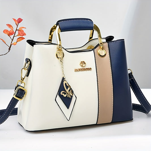 2024 New Women's Color-Block Tote Bag with Adjustable Crossbody/Shoulder Strap, Golden-Tone Hardware & Magnetic Closure - High Quality Casual Handbag for Commuting, Work, Travel - Navy/Beige/White Contrast Design, Crossbody P