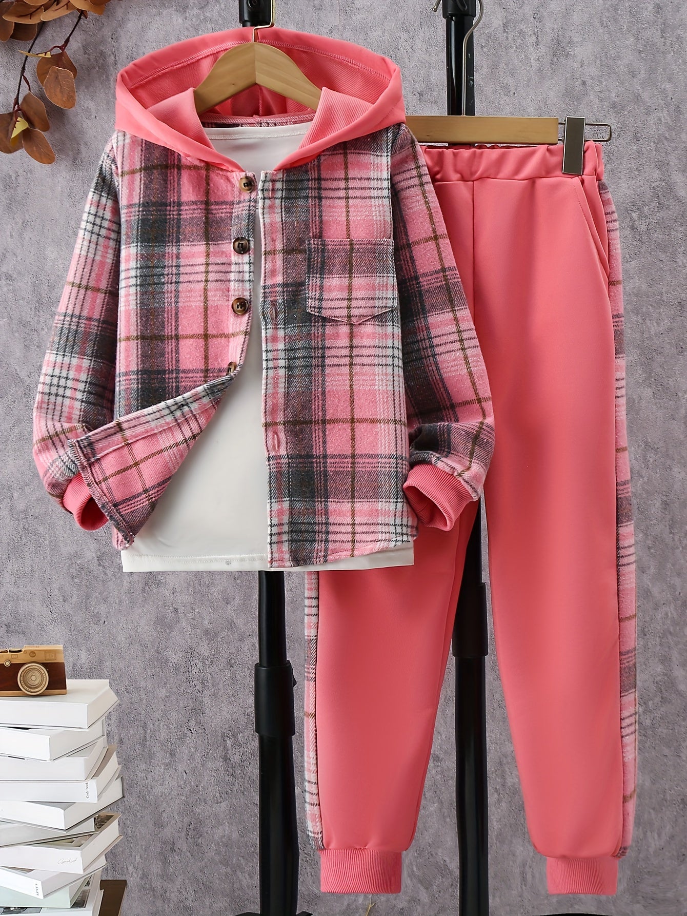 Girls Plaid Hooded Shirt And Jogger Set With Pocket
