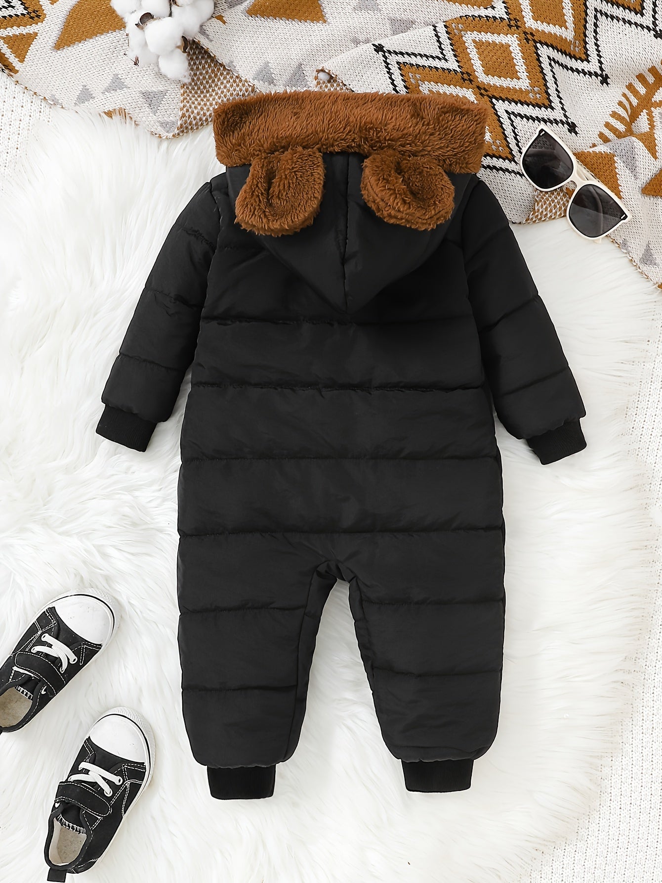 Baby Boy Winter Plush Hooded Jumpsuit for Outdoors